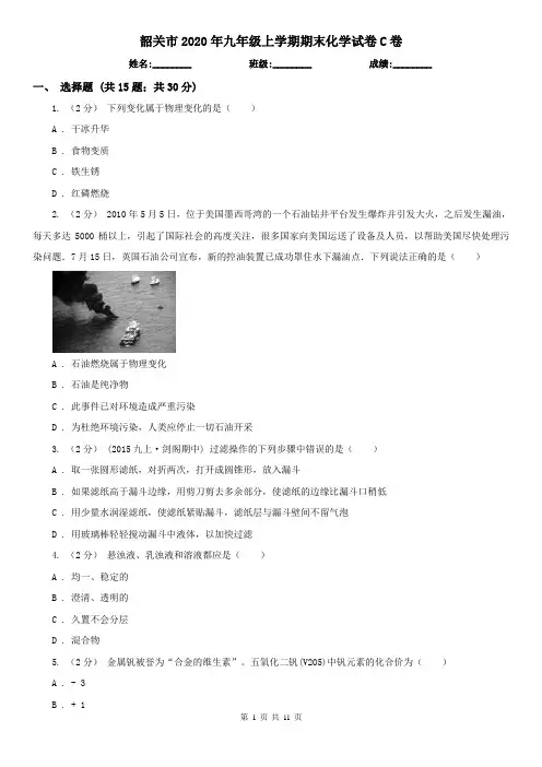 韶关市2020年九年级上学期期末化学试卷C卷