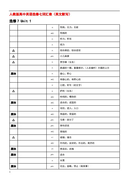 选修7高中英语单词表格(英文默写)