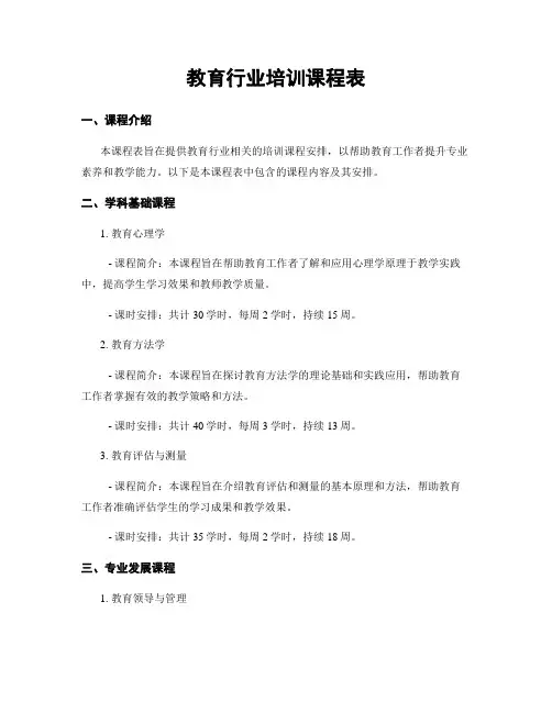 教育行业培训课程表