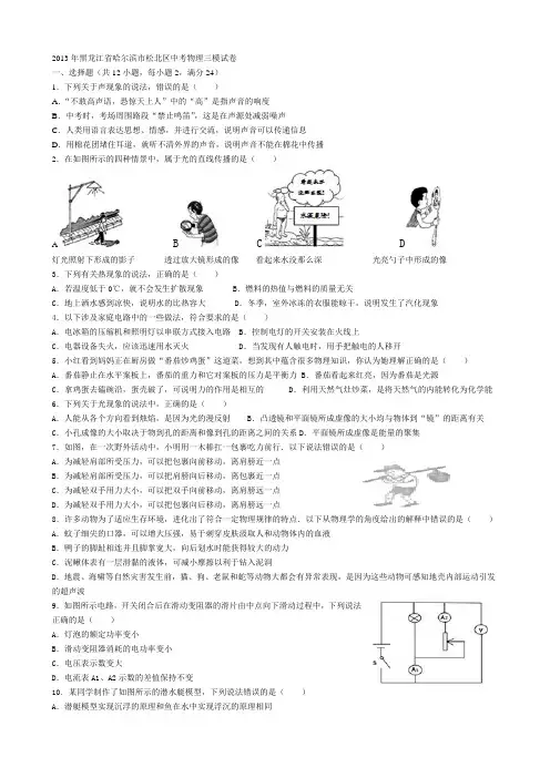 2013哈市松北三 物理调研试卷及答案Microsoft Word 文档