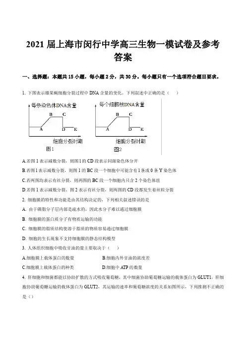 2021届上海市闵行中学高三生物一模试卷及参考答案