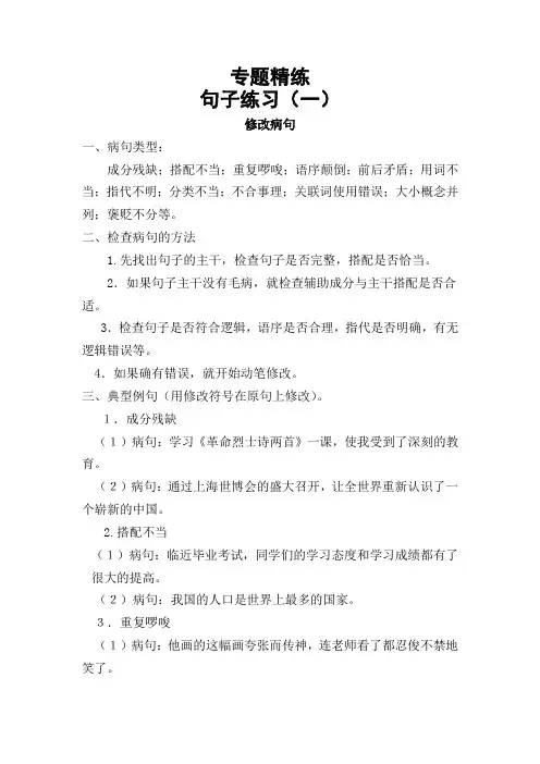 六年级语文专题精练四——句子练习