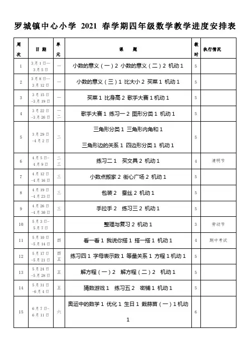 四年级下册数学课时计划安排表