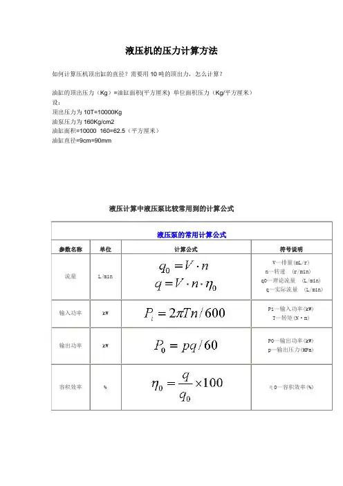 液压机的压力计算方法及公式