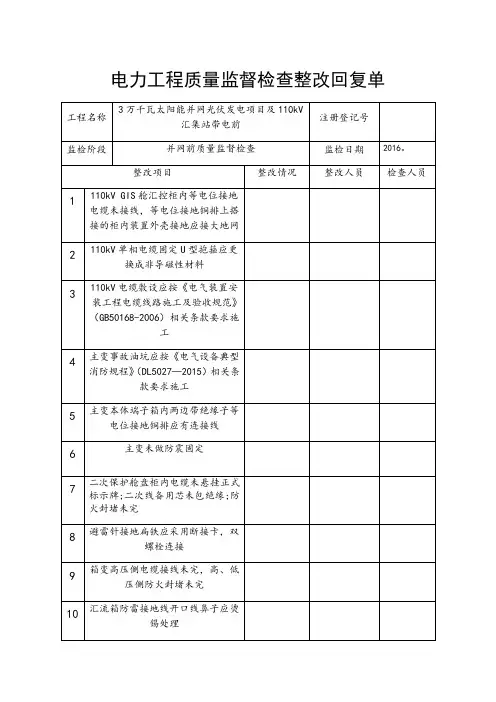 电力工程质量监督检查整改回复单