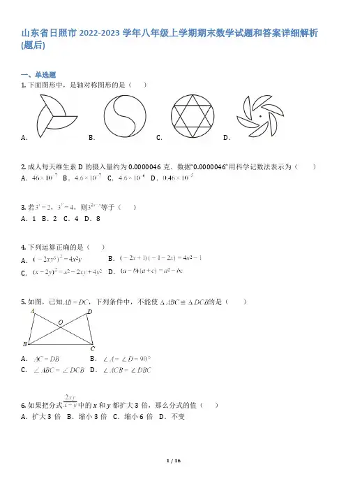 山东省日照市2022-2023学年八年级上学期期末数学试题和答案详解(word版)