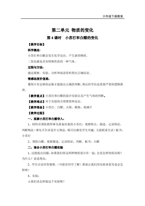 教科版六年级科学下册《小苏打和白醋的变化》教案