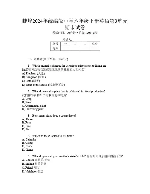 蚌埠2024年统编版小学六年级下册J卷英语第3单元期末试卷