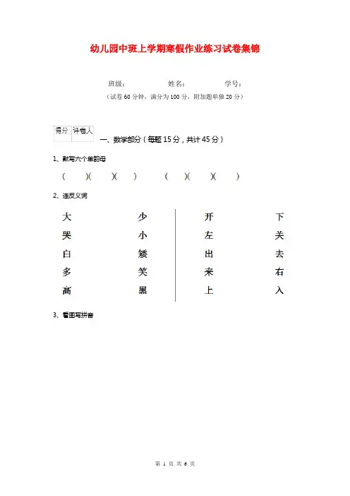 幼儿园中班上学期寒假作业练习试卷集锦