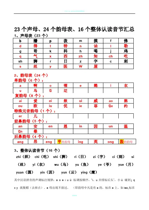 汉语拼音23个声母、24个韵母表、16个整体认读音节汇总