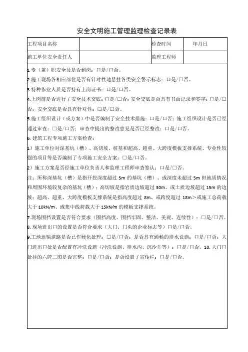 施工现场监理安全检查记录表