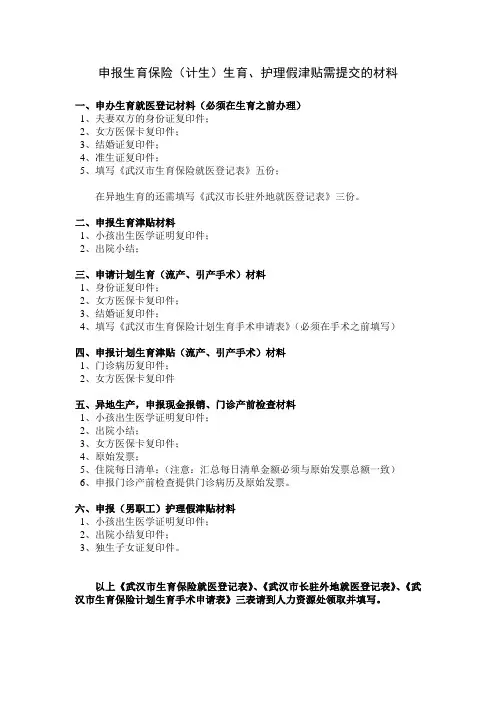 申报生育保险(计生)生育、护理假津贴需提交的材料