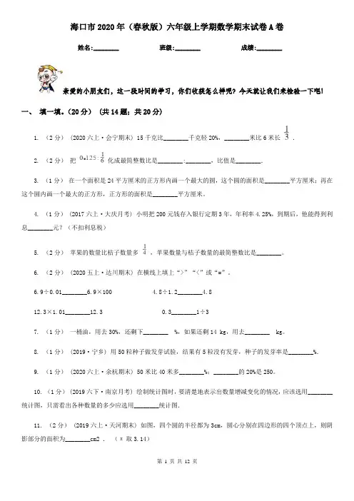海口市2020年(春秋版)六年级上学期数学期末试卷A卷