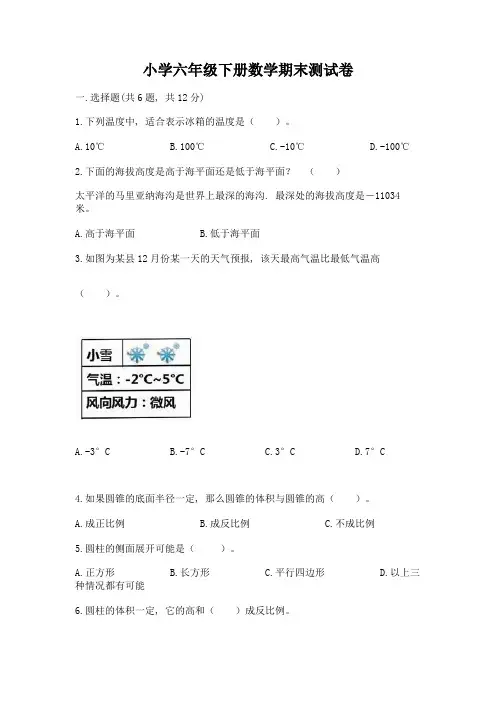 小学六年级下册数学期末测试卷含完整答案(全优)