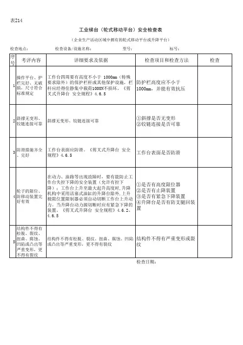 工业梯台(轮式移动平台)安全检查表