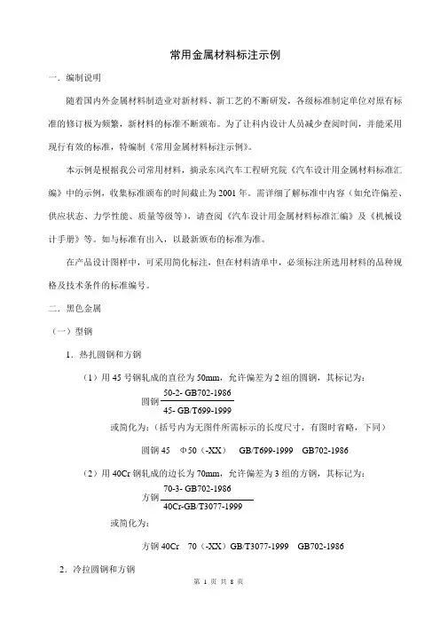 常用金属材料标注示例