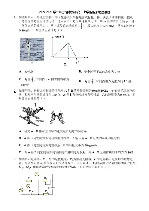 2022-2023学年山东省泰安市高三上学期期末物理试题