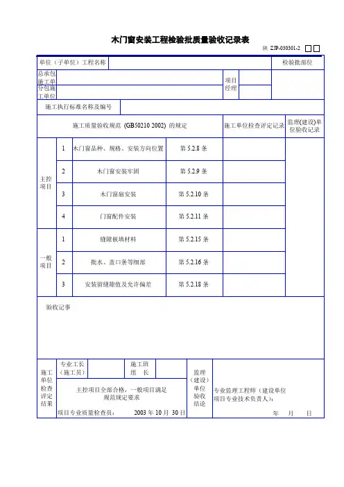 木门窗安装工程检验批质量验收记录表