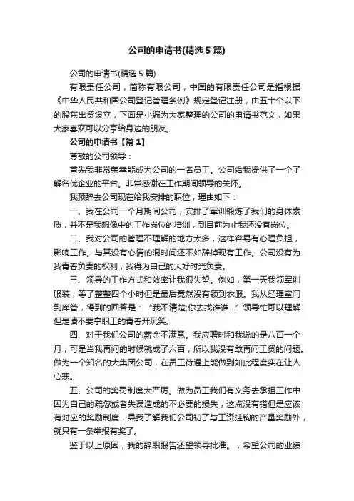 公司的申请书（精选5篇）