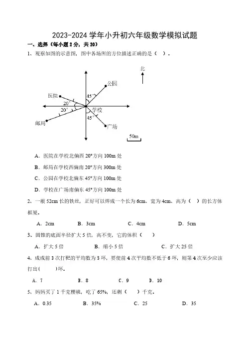 小升初毕业模拟试题(试题)-2023-2024学年六年级下册数学青岛版(无答案)