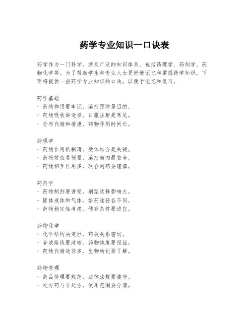药学专业知识一口诀表