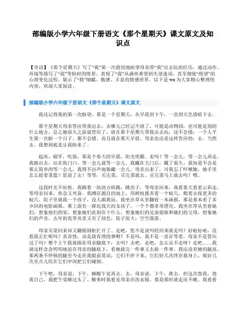 部编版小学六年级下册语文《那个星期天》课文原文及知识点