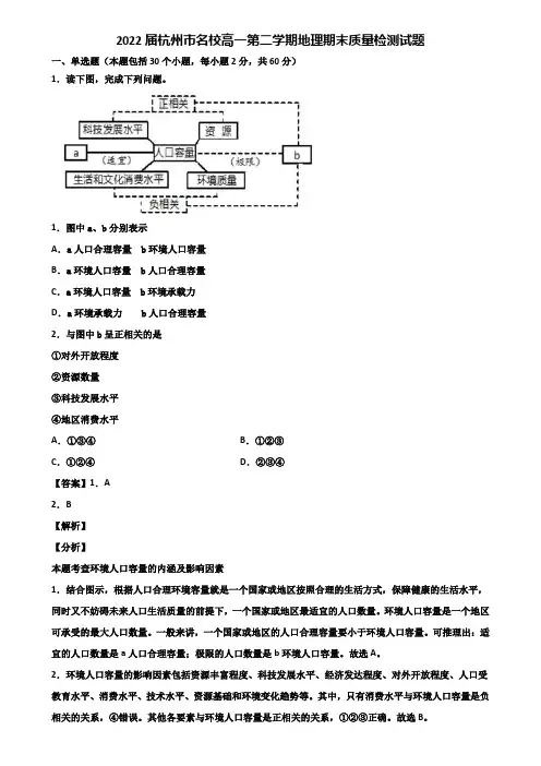 2022届杭州市名校高一第二学期地理期末质量检测试题含解析