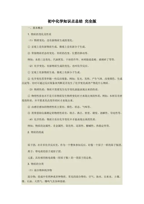 人教版初中化学知识点总结_完全版