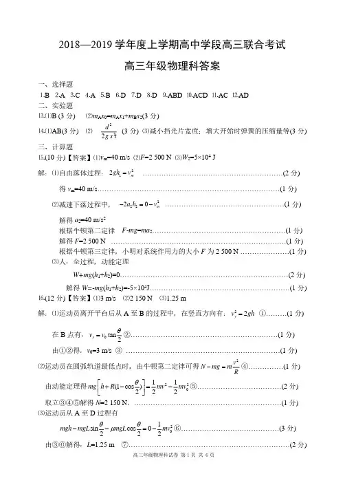 辽宁沈阳东北育才中学2018-2019学年度上学期高中学段高三联合考试物理答案