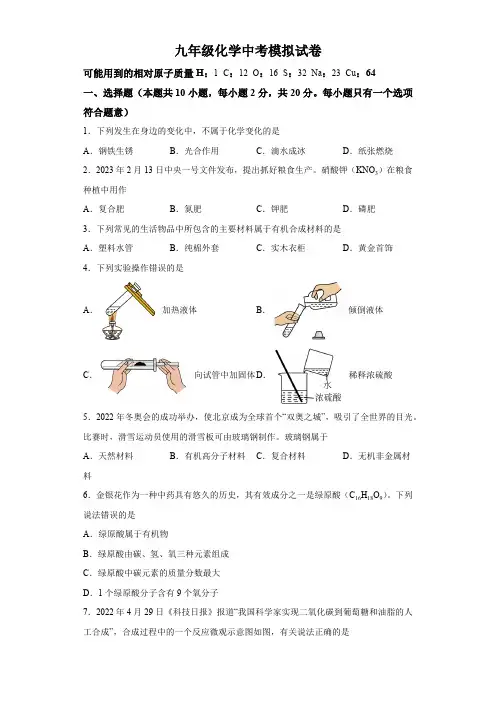 2024年江苏省淮安市洪泽区九年级中考化学模拟试卷(含解析)
