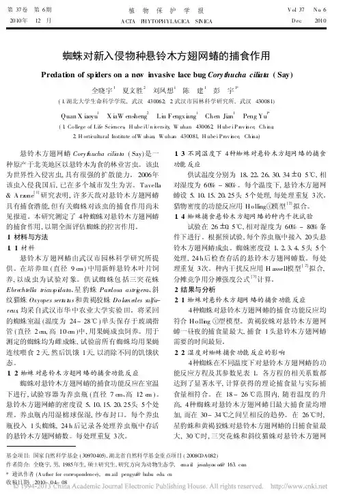 蜘蛛对新入侵物种悬铃木方翅网蝽的捕食作用