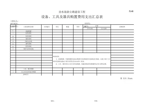 设备、工具及器具购置费用支出汇总表