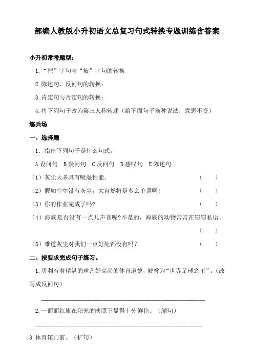 统编-部编人教版小升初语文总复习句式转换专题训练含答案