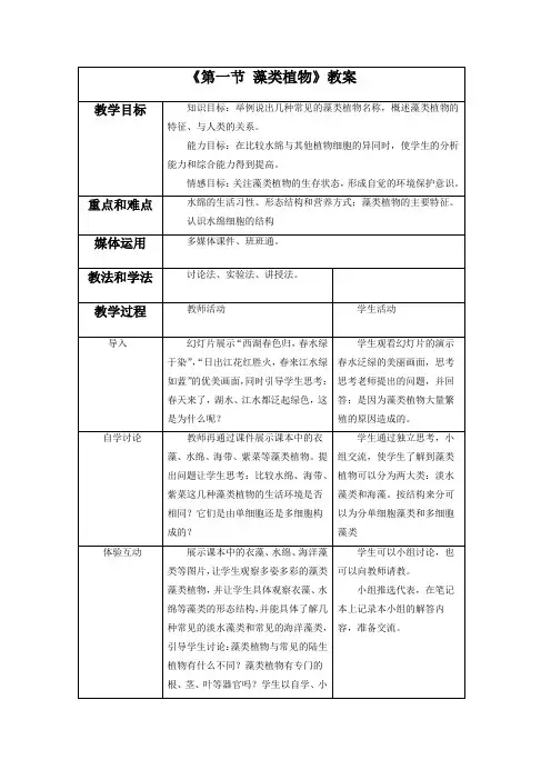 鲁科版六年级生物下册 藻类植物教案1