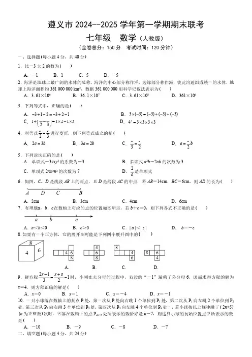 贵州省遵义市红花岗区期末联考2024-2025学年七年级上学期12月期末数学试题(含答案)