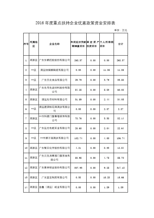 2016年度重点扶持企业优惠政策资金安排表【模板】