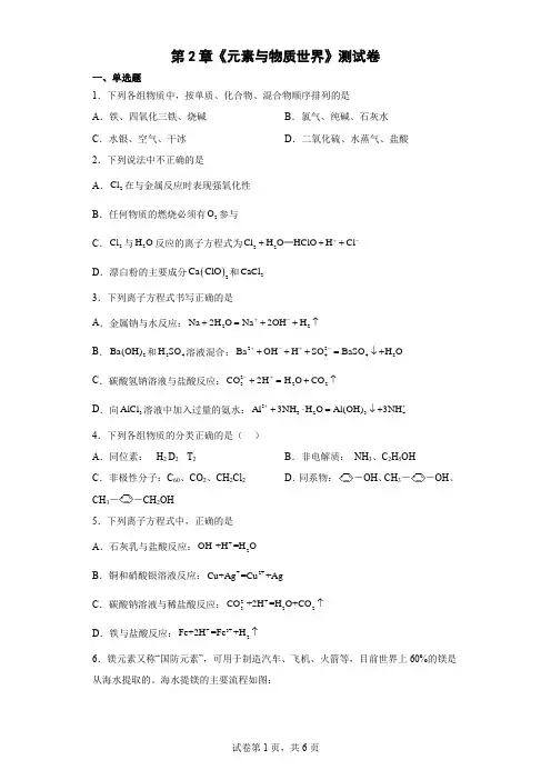 第2章  元素与物质世界  测试卷-高一上学期化学鲁科版(2019)必修第一册