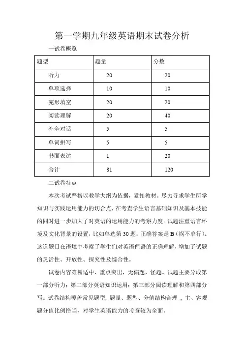 第一学期九年级英语期末试卷分析