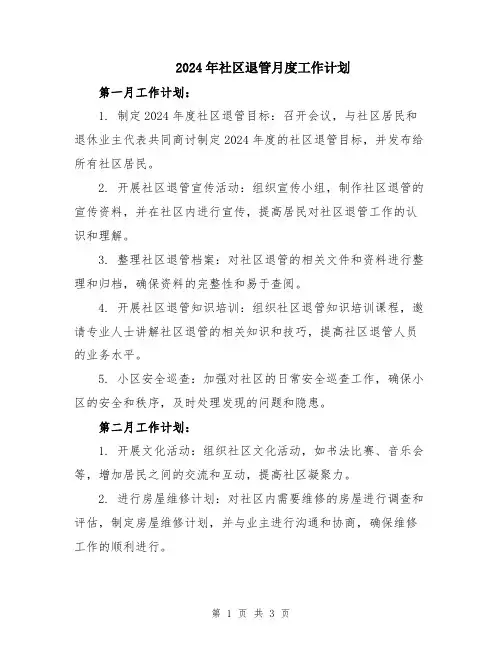 2024年社区退管月度工作计划