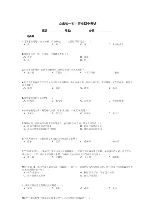 山东初一初中历史期中考试带答案解析
