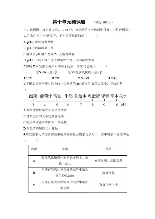 人教版九年级化学下册第十单元测试题及答案