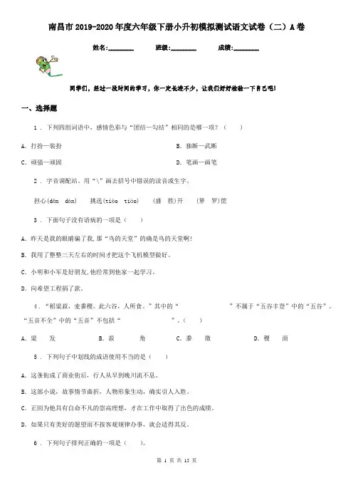 南昌市2019-2020年度六年级下册小升初模拟测试语文试卷(二)A卷