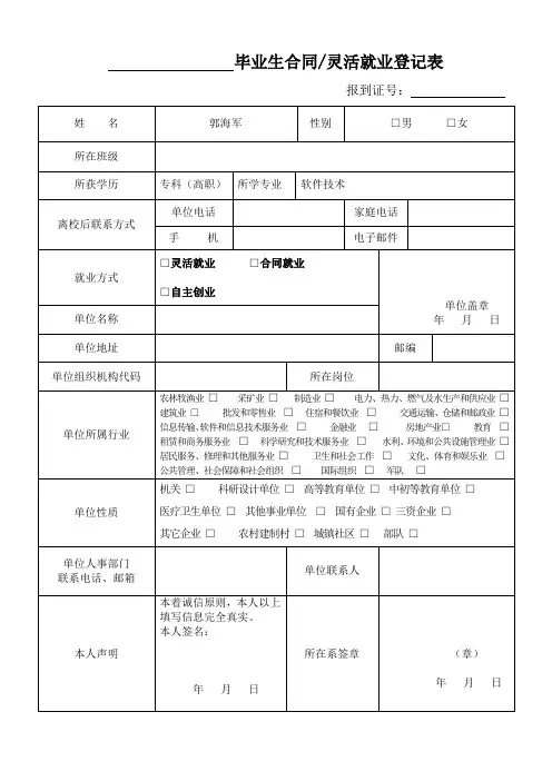 河北省普通高校毕业生合同灵活就业登记表