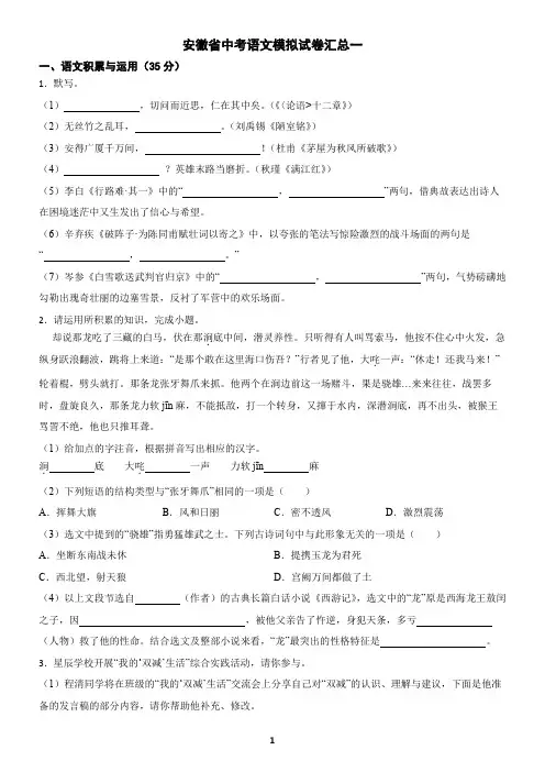 安徽省中考语文模拟试卷汇总一(含答案)