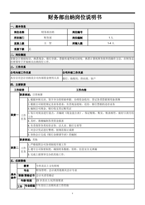 财务部出纳岗位说明书