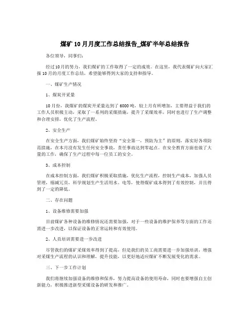 煤矿10月月度工作总结报告_煤矿半年总结报告