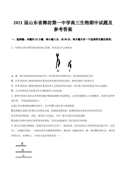 2021届山东省潍坊第一中学高三生物期中试题及参考答案