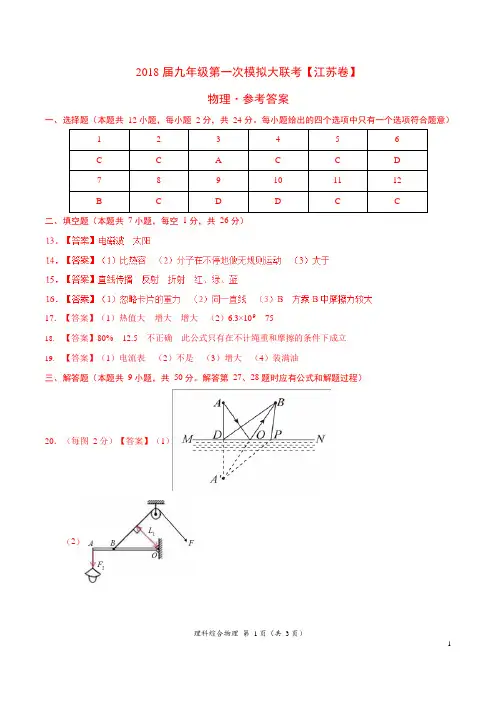 2018年3月2018届九年级第一次模拟大联考(江苏卷)物理卷(参考答案)