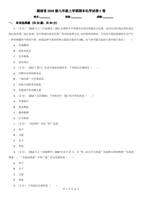 湖南省2020版九年级上学期期末化学试卷C卷