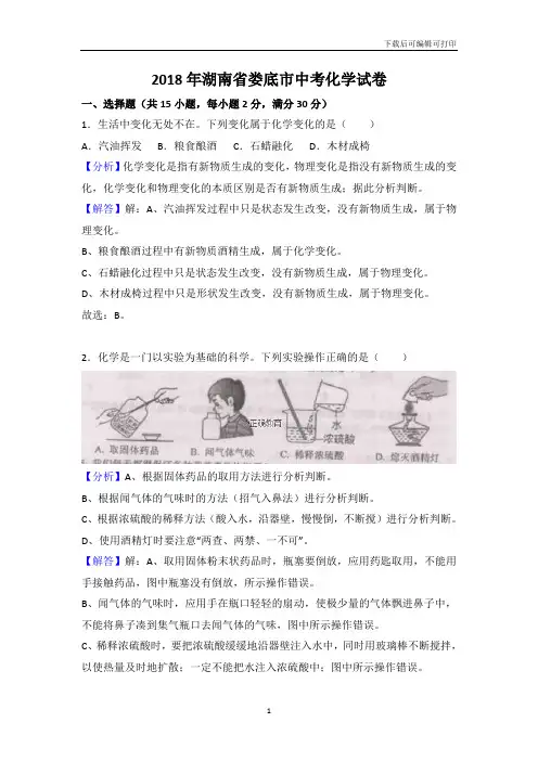 湖南娄底市2018年中考化学试题(word版含解析)